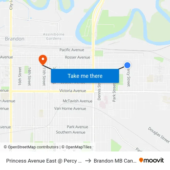 Princess Avenue East @ Percy Street to Brandon MB Canada map