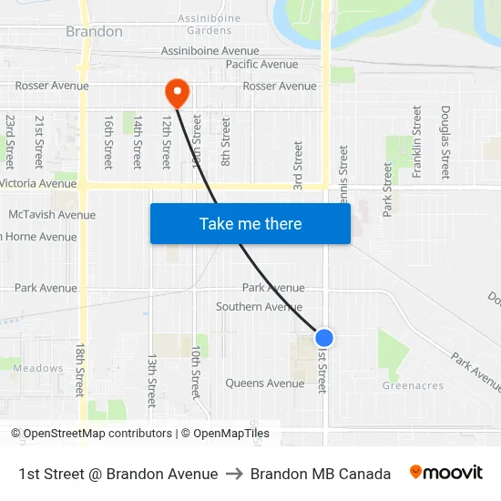 1st Street @ Brandon Avenue to Brandon MB Canada map