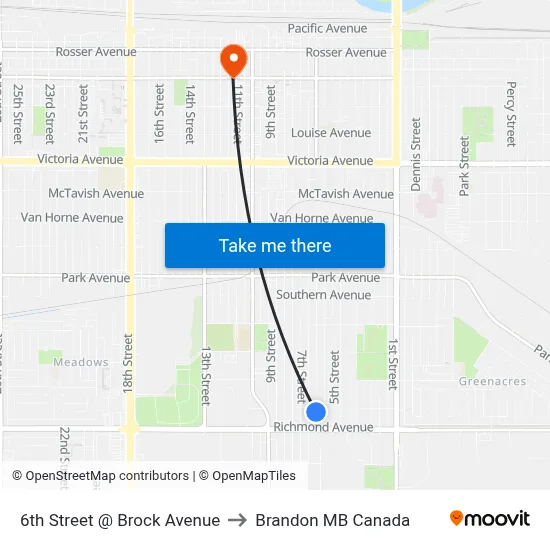 6th Street @ Brock Avenue to Brandon MB Canada map