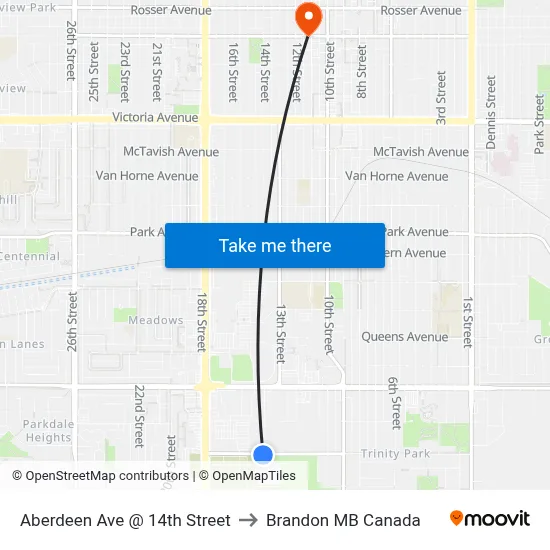 Aberdeen Ave @ 14th Street to Brandon MB Canada map