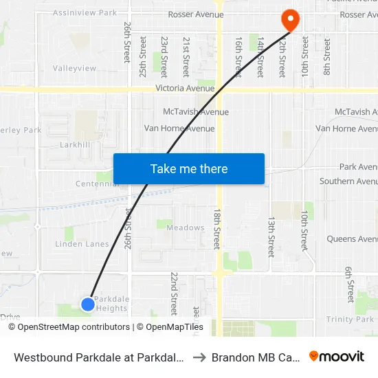 Westbound Parkdale at Parkdale Place to Brandon MB Canada map