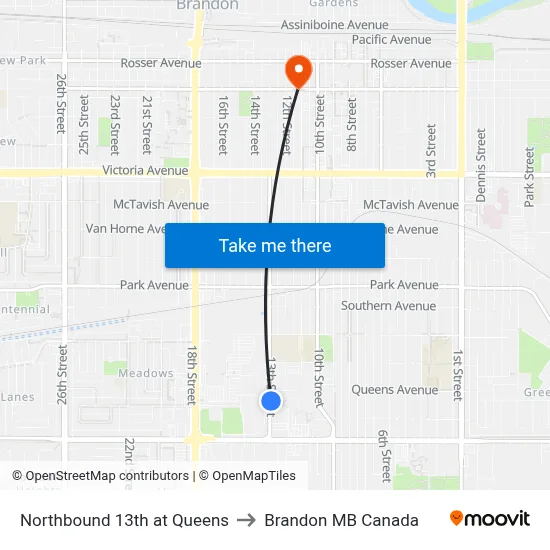 Northbound 13th at Queens to Brandon MB Canada map