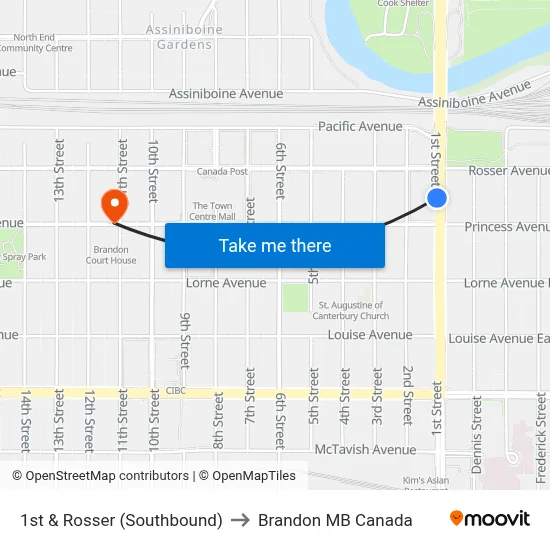 1st & Rosser (Southbound) to Brandon MB Canada map