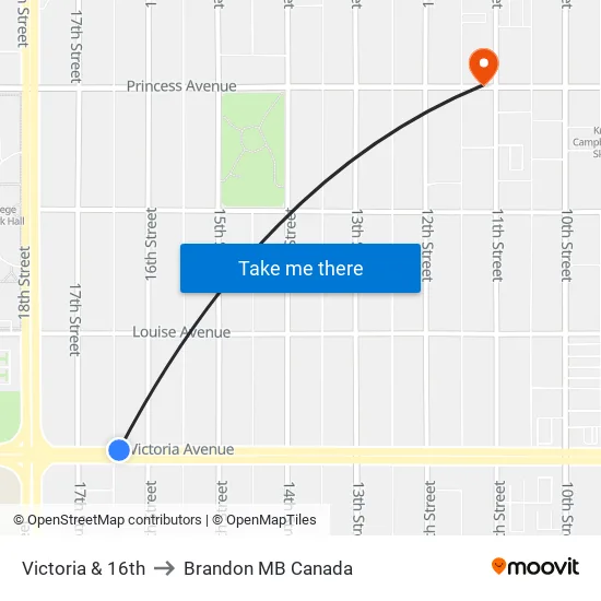 Victoria & 16th to Brandon MB Canada map