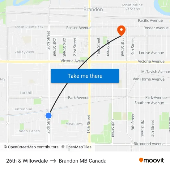26th & Willowdale to Brandon MB Canada map