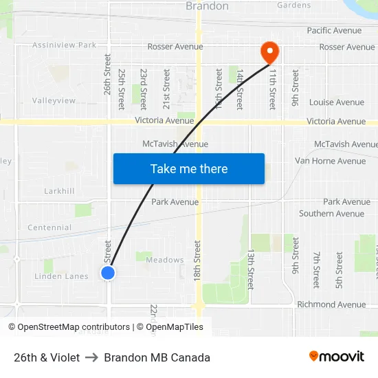 26th & Violet to Brandon MB Canada map
