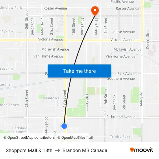 Shoppers Mall & 18th to Brandon MB Canada map