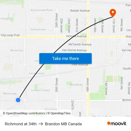Richmond at 34th to Brandon MB Canada map