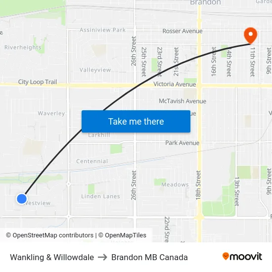 Wankling & Willowdale to Brandon MB Canada map