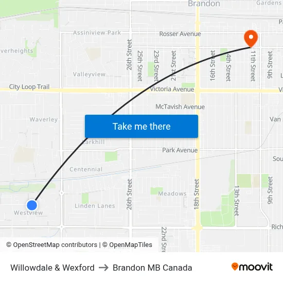 Willowdale & Wexford to Brandon MB Canada map