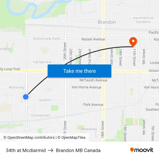 34th at Mcdiarmid to Brandon MB Canada map