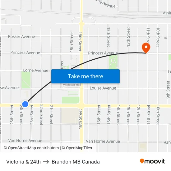 Victoria & 24th to Brandon MB Canada map