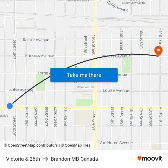 Victoria & 26th to Brandon MB Canada map