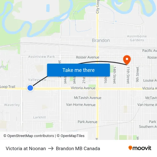 Victoria at Noonan to Brandon MB Canada map