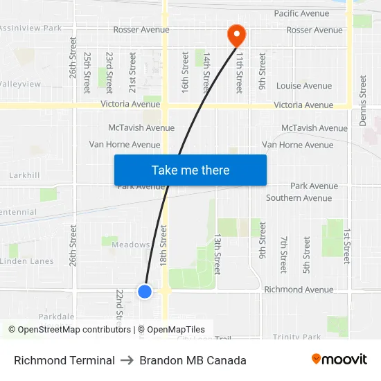 Richmond Terminal to Brandon MB Canada map