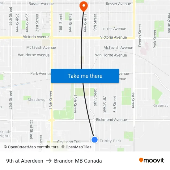 9th at Aberdeen to Brandon MB Canada map