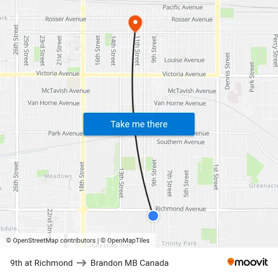 9th at Richmond to Brandon MB Canada map