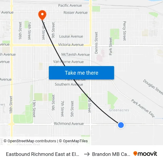 Eastbound Richmond East at Elderwood to Brandon MB Canada map