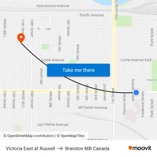 Victoria East at Russell to Brandon MB Canada map