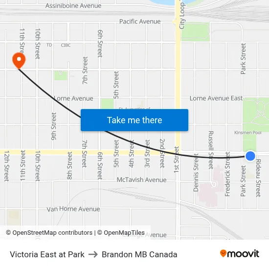 Victoria East at Park to Brandon MB Canada map
