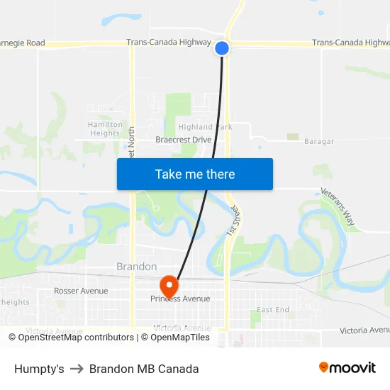Humpty's to Brandon MB Canada map