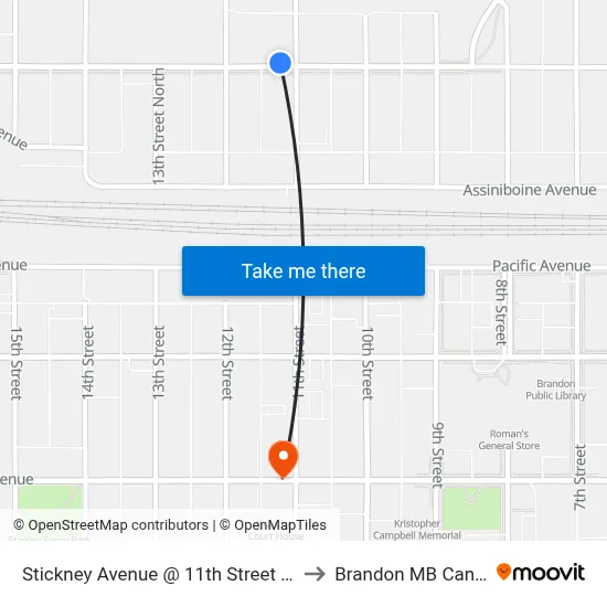 Stickney Avenue @ 11th Street North to Brandon MB Canada map