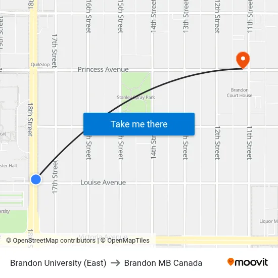 Brandon University (East) to Brandon MB Canada map