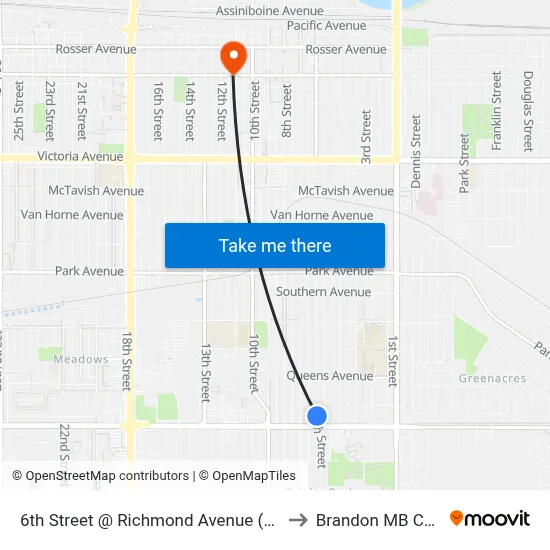 6th Street @ Richmond Avenue (East Side) to Brandon MB Canada map