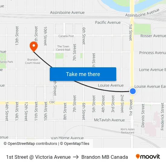 1st Street @ Victoria Avenue to Brandon MB Canada map