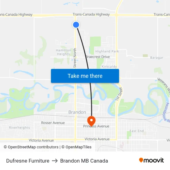 Dufresne Furniture to Brandon MB Canada map