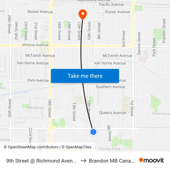 9th Street @ Richmond Avenue to Brandon MB Canada map