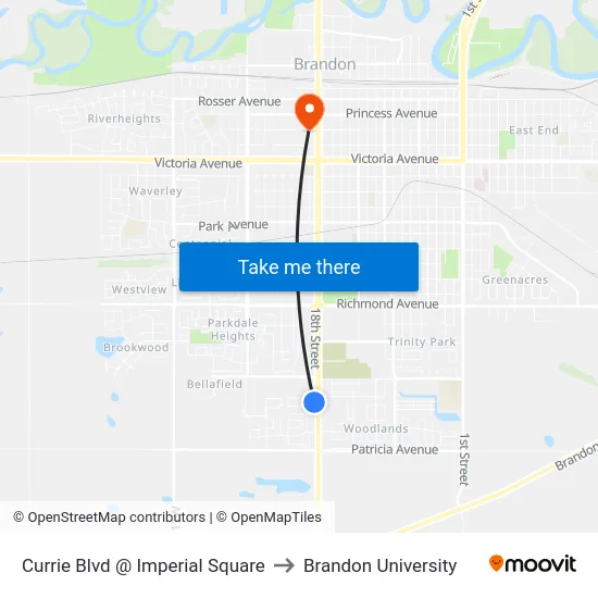 Currie Blvd @ Imperial Square to Brandon University map