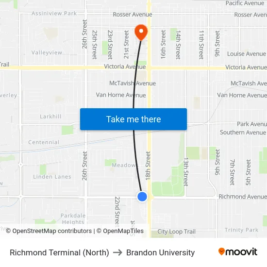 Richmond Terminal (North) to Brandon University map