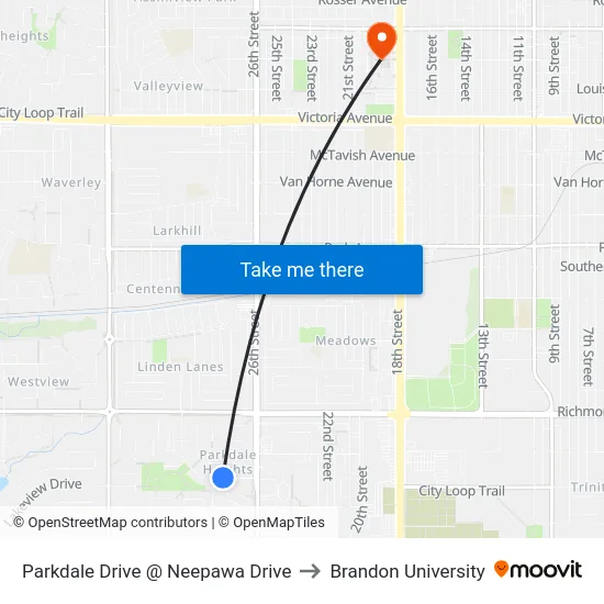 Parkdale Drive @ Neepawa Drive to Brandon University map