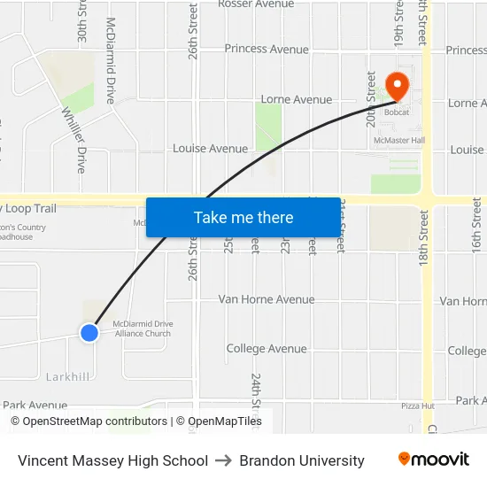 Vincent Massey High School to Brandon University map