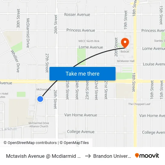 Mctavish Avenue @ Mcdiarmid Drive to Brandon University map