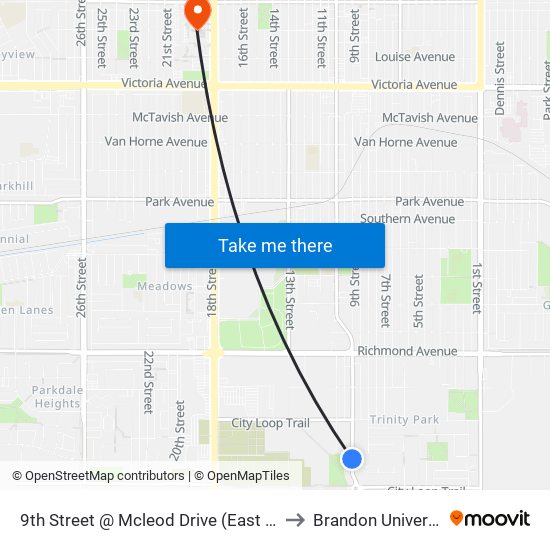 9th Street @ Mcleod Drive (East Side) to Brandon University map