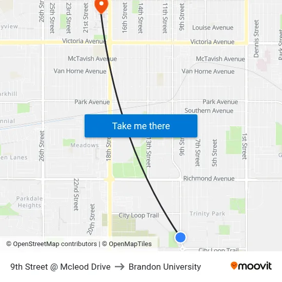 9th Street @ Mcleod Drive to Brandon University map