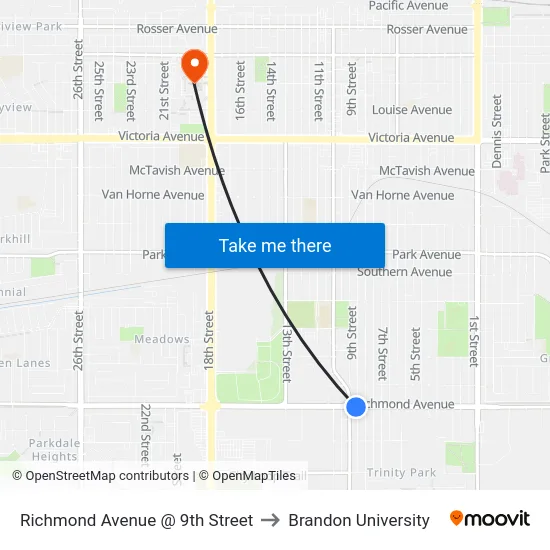 Richmond Avenue @ 9th Street to Brandon University map