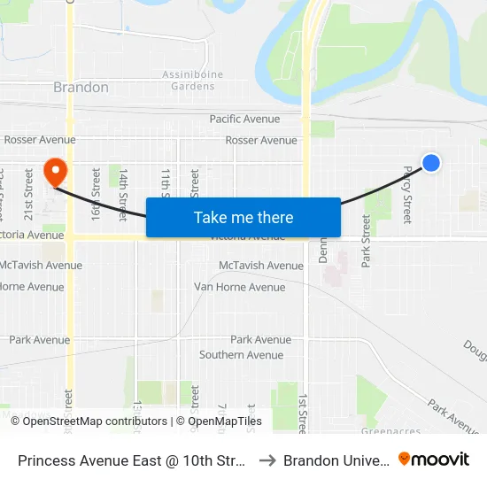 Princess Avenue East @ 10th Street East to Brandon University map