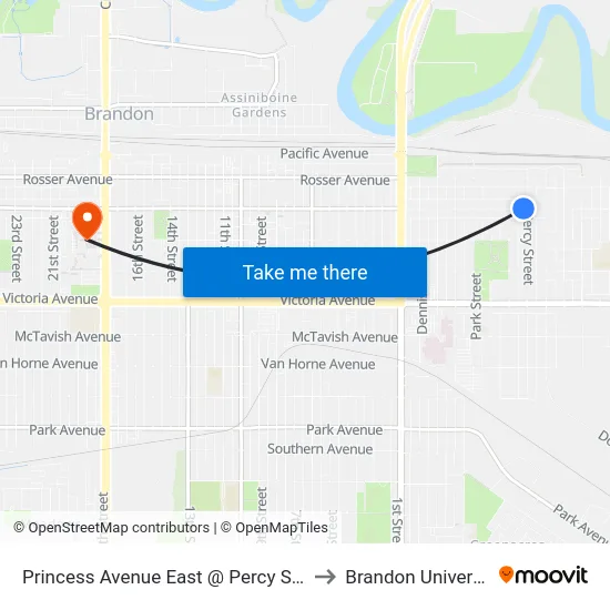Princess Avenue East @ Percy Street to Brandon University map