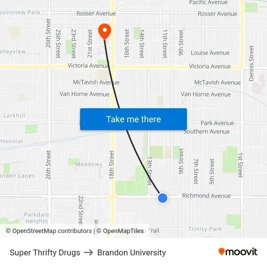 Super Thrifty Drugs to Brandon University map
