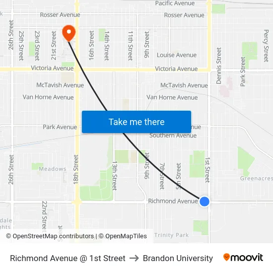 Richmond Avenue @ 1st Street to Brandon University map