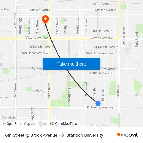 6th Street @ Brock Avenue to Brandon University map