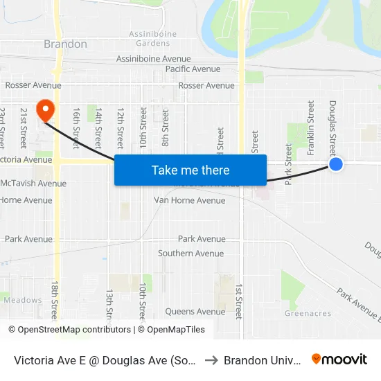 Victoria Ave E @ Douglas Ave (South Side) to Brandon University map