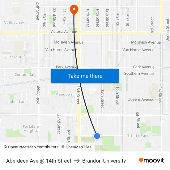 Aberdeen Ave @ 14th Street to Brandon University map
