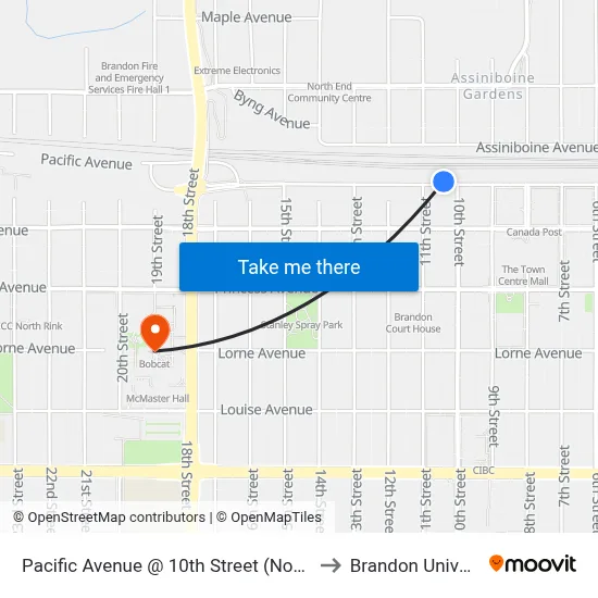 Pacific Avenue @ 10th Street (North Side) to Brandon University map