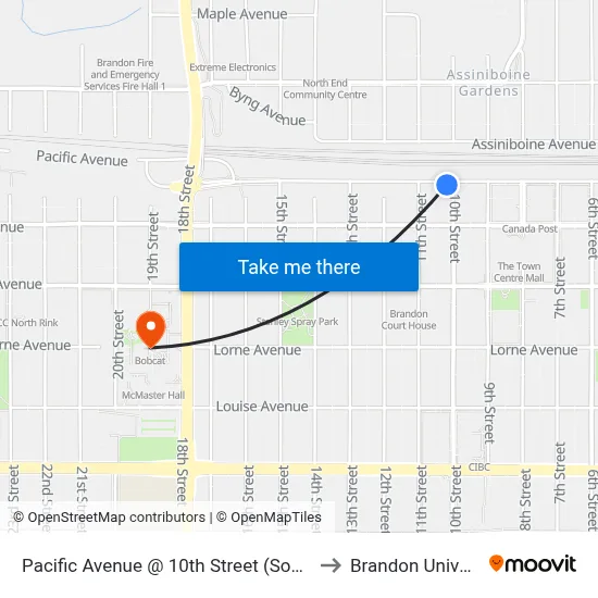 Pacific Avenue @ 10th Street (South Side) to Brandon University map
