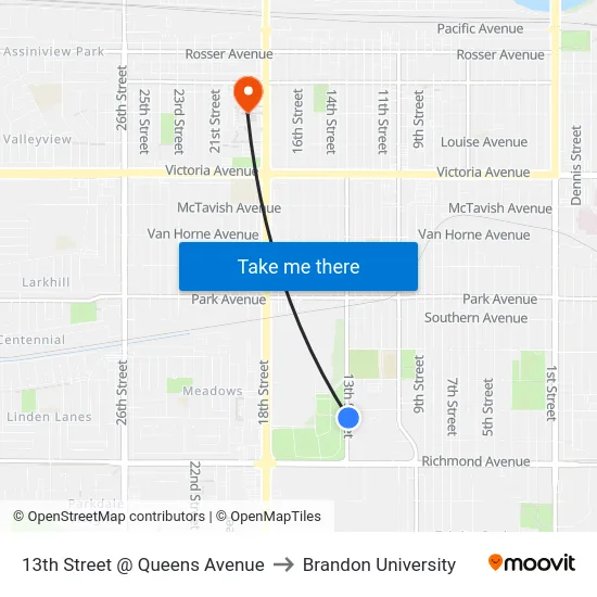13th Street @ Queens Avenue to Brandon University map