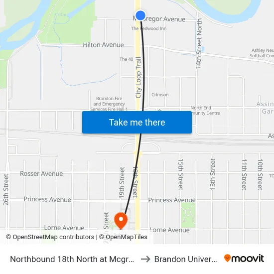 Northbound 18th North at Mcgregor to Brandon University map
